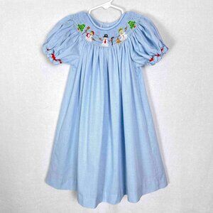 Mom & Me Light Blue Smocked Snowman Holiday Christmas Bishop Dress Girls Size 2T